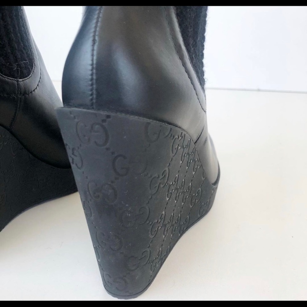 Gucci Black Leather Logo Knit Wool OTK Wedge Boots - Picture 7 of 9